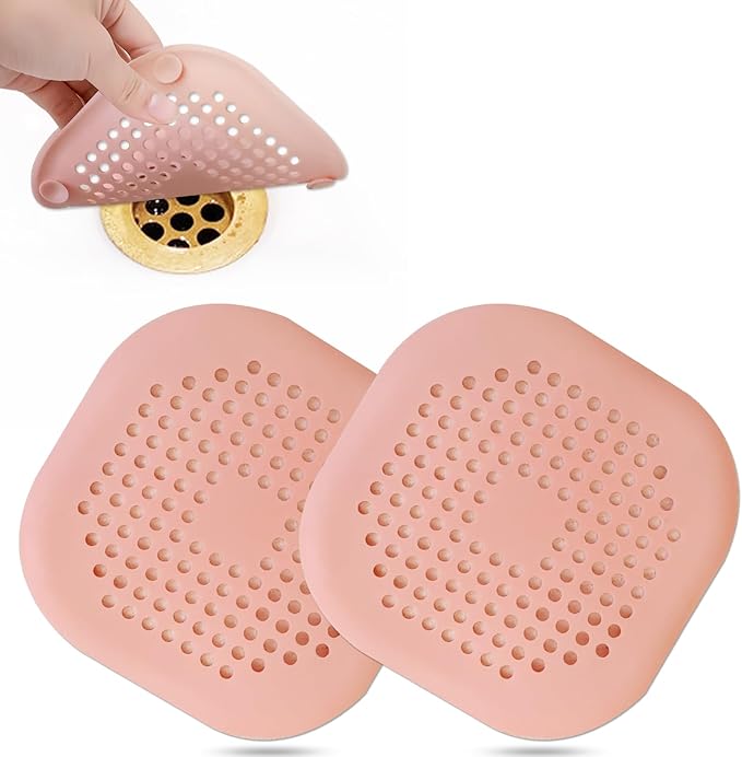 Hair Drain Catcher,Square Drain Cover for Shower Silicone Hair Stopper with Suction Cup,Easy to Install Suit for Bathroom,Bathtub,Kitchen 2 Pack (Pink) by Bovinde