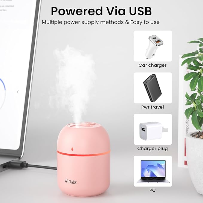 Portable Small Humidifier, WUTAER USB Personal Desktop Humidifier for Car, Office Room, Bedroom, Auto Shut-Off, 2 Mist Modes, Super Quiet(220ml, Pink) - Image 5