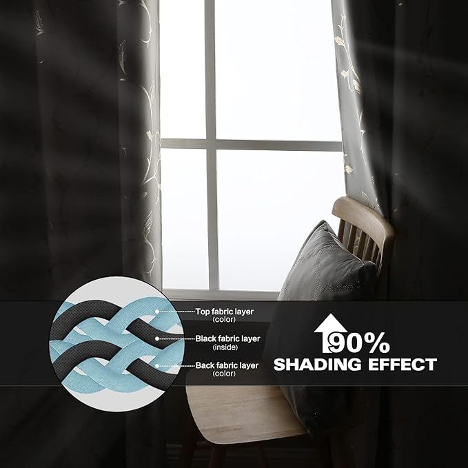 BUHUA Blackout Curtains Gold Foil Print Flower Vine Grommet Drapes, Room Darkening Thermal Insulated Curtains, Noise Reducing Blackout Curtain for Bedroom, Greyish White, 38Wx84L, 2 Panels - Image 6