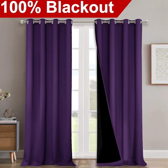 NICETOWN Cold Blocking 100% Blackout Curtains, Durable and Soft Black Lined Drapes for Living Room, Energy Saving Long Panels for Patio Sliding Glass Door, Royal Purple, 52 inches x 108 inches, 2 PCs - Image 2