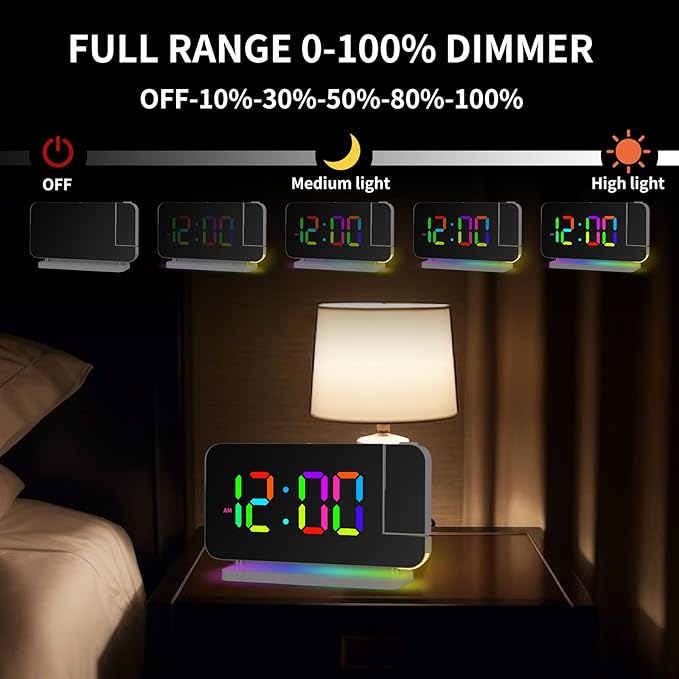 Projection Alarm Clock for Bedroom Ceiling,RGB Digital Clocks with 10 Colors RGB Night Light,Loud Alarm Clock for Heavy Sleepers,USB C Charger Port,Snooze,12/24H,Auto Dimming - Image 7