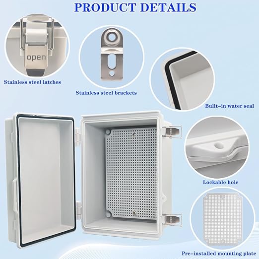 Outdoor Waterproof Electrical Box Junction Box Weatherproof IP67 ABS Plastic Enclosure Switch Router Project Box Electronics DIY Enclosure With Mounting Plate Wall Bracket Grey 8.6"x6.6"x4.3" - Image 3