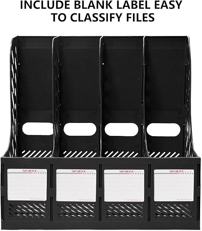 SAYEEC Magazine File Holder, Plastic Desktop File Folder Organizer with 4 Large Compartments, Vertical Desk Binder Organizer Office Organization and Storage File Holder for Desk, School, Home (Black) - Image 5