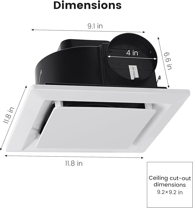 Bathroom Exhaust Fan for Ceiling Mount, Household Bath Vent Ventilation Fans with 1.0 Sones Quiet Operation, 110 CFM with 4" Duct Collar, 26W Low Consumption (housing size 9.2"x9.2") - Image 2