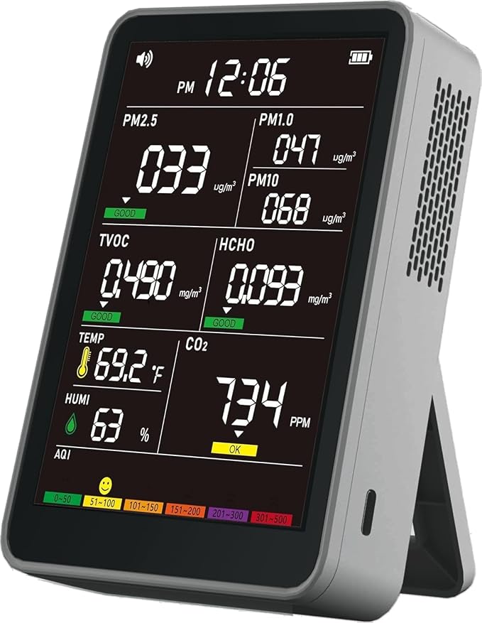 Professional Indoor Air Quality Monitor with AQI Alarms, Portable Real-Time Detector for Home Cars Plants and Pets (Grey) - Image 9