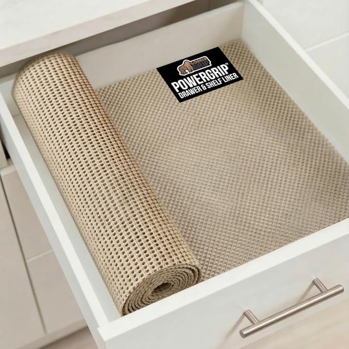 GORILLA GRIP powerGRIP Drawer Shelf and Cabinet Liner, Thick Strong Hold, Non-Adhesive Liners Protect Kitchen Cabinets and Cupboard, Bathroom Drawers, Easy Install, Breathable Mat, 12" x20', Beige by GorillaGrip
