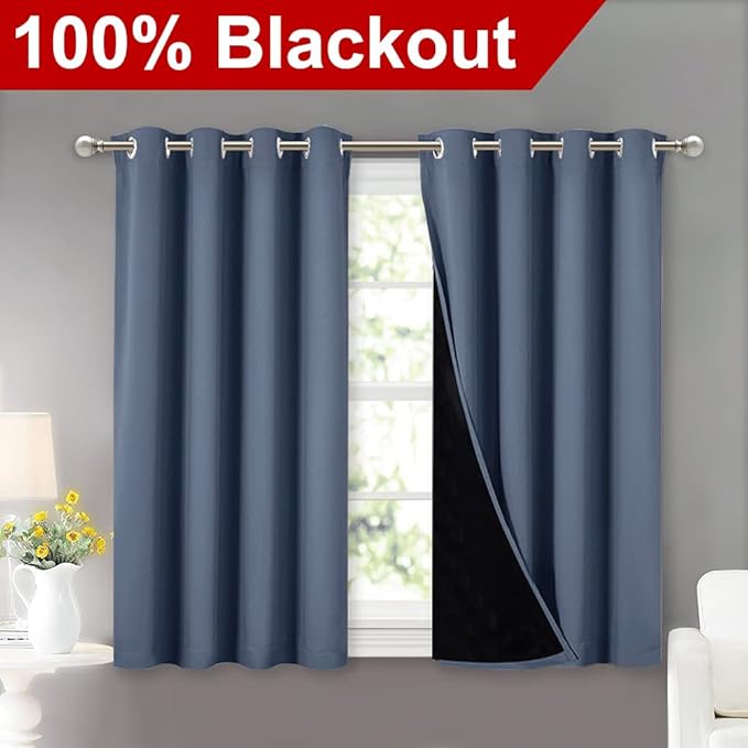 NICETOWN 100% Blackout Curtains with Black Liners, Thermal Insulated Full Blackout 2-Layer Lined Drapes, Energy Efficiency Window Draperies for Boy's Room (Stone Blue, 2 Panels, 52-inch by 45-inch) - Image 2
