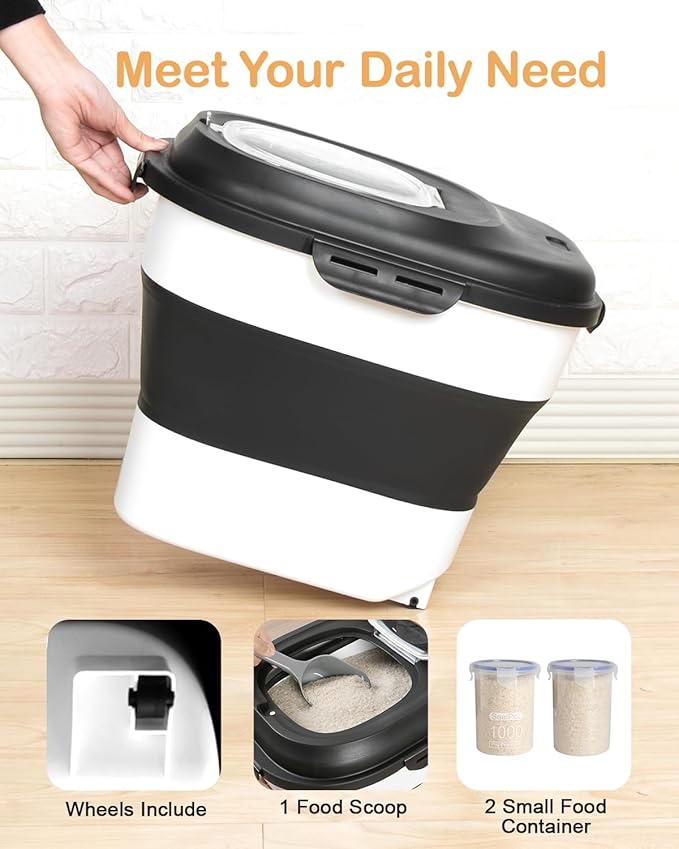 20-50 Lbs Food Storage Containers,Collapsible Rice Container with Wheel Airtight Locking Lid,Flour Storage Container with Small Food Container and Scoop,Suitable for Food,Rice,Pet Food,Flour - Image 4