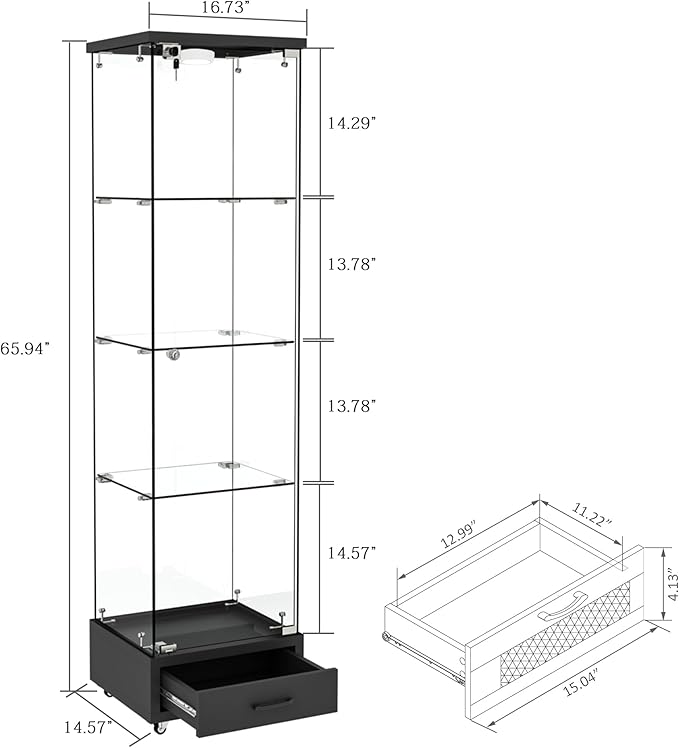 Yoluckea 4-Tier Glass Display Cabinet with LED Lighting and Drawer, 1-Door Floor Standing Curio Cabinet with Wheel for Home, Office, Corner Display, Black Glass Bookshelf for Collections and Decor - Image 2
