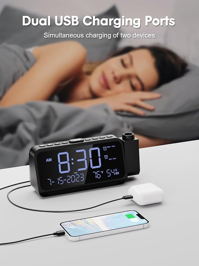 ROCAM Projection Alarm Clock, Digital Clock with 180° Projector on Ceiling Wall, Dual Loud Alarm Clocks for bedrooms with Weekday/Weekend Mode,2 USB Ports, Dimmer, Temp, Humidity, Night Light, Snooze - Image 7