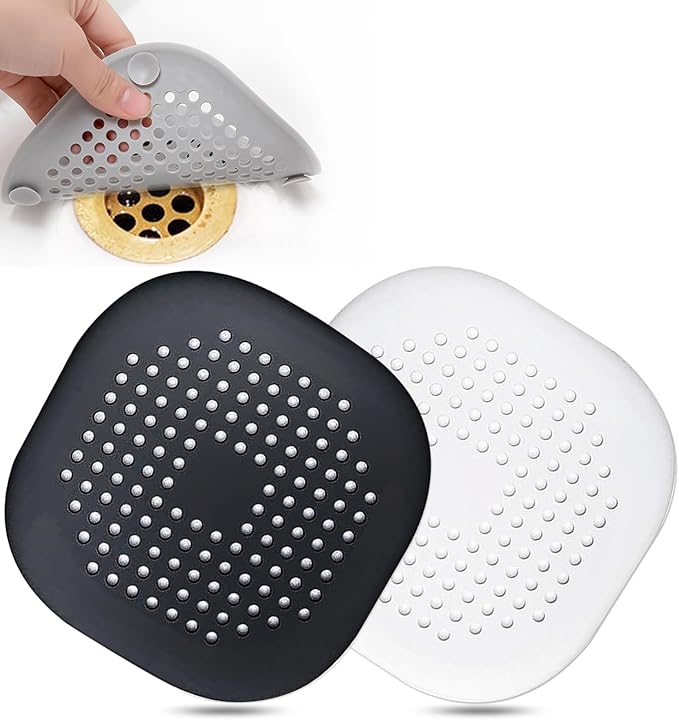 Hair Drain Catcher,Square Drain Cover for Shower Silicone Hair Stopper with Suction Cup,Easy to Install Suit for Bathroom,Bathtub,Kitchen 2 Pack (Ivory White Black) by Bovinde