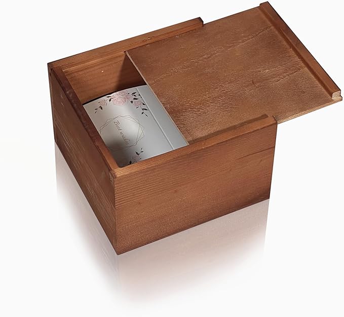 Wooden Keepsake Box with Slide Lid, 6x6x4 Inch Square Wood Storage Box for Jewelry, Photos, Memorabilia, Handmade Decorative Memory Box for Home, Wedding, Gifts by PIGANDTURTLE