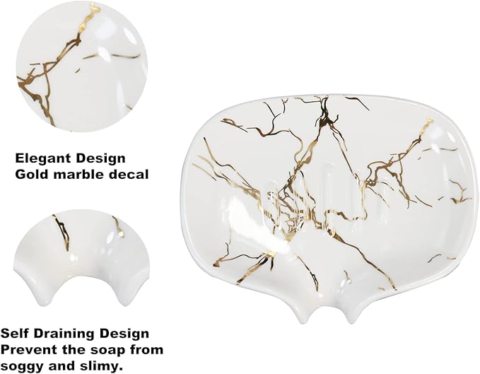 Ceramic Marble Texture Soap Dish,Self Draining Slot,Ceramic Self Draining Soap Dish Portable,Bathroom Accessories for Shower,Bathroom,Kitchen, Sink,Countertop,for Travelling,Camping,Gym - Image 3