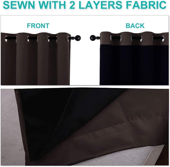 NICETOWN 100% Blackout Window Curtain Panels, Brown, 2 Pieces, 62-inch Wide Per Panel, Full Light Blocking Drapes with Black Liner for Nursery, 72-inch Drop Thermal Insulated Draperies - Image 5