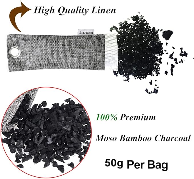 Marsheepy 12 Pack Bamboo Charcoal Shoe Deodorizer Bags, Activated Charcoal Odor Absorber, Bamboo Charcoal Air Purifying Bags, Odor Eliminator for Shoes, Pets, Car, Closet (150g X 2 and 50g x 10) - Image 2