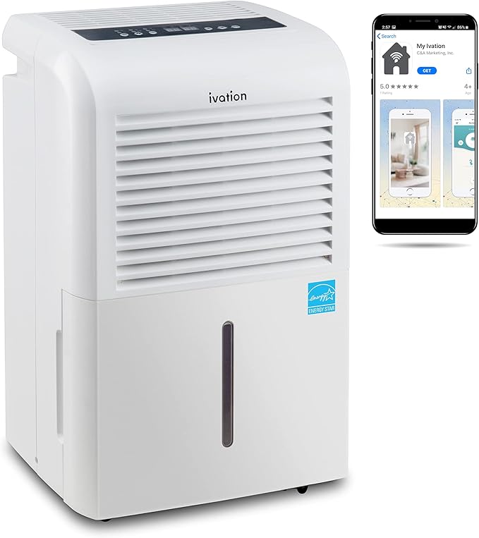 Ivation 4,500 Sq Ft Smart Wi-Fi Energy Star Dehumidifier with App, Continuous Drain Hose Connector, Programmable Humidity, 2.25 Gal Reservoir for Medium and Large Rooms (4,500 Sq Ft) by Ivation