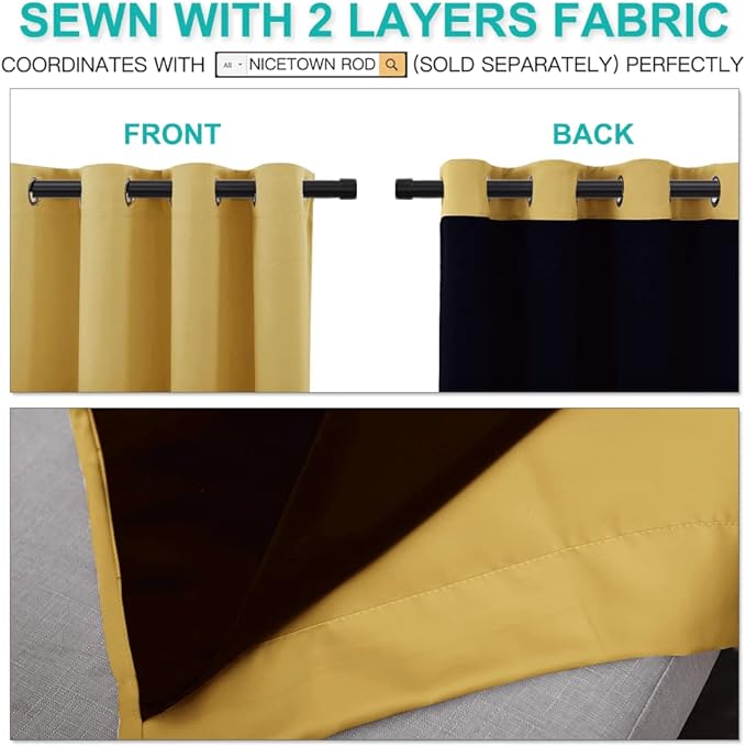 NICETOWN 100% Blackout Window Curtain Panels, Heat and Cold Blocking Drapes with Black Liner for Nursery, 84 inches Drop Thermal Insulated Draperies (Yellow, 2 Pieces, 52 inches Wide Each Panel) - Image 4