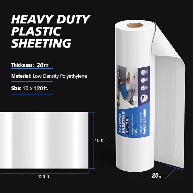 Crawl Space Vapor Barrier - 20 Mil Vapor Barrier - (10' x 120') - Tear Resistant, Heavy Duty Vapor Barrier, Drop Cloth Moisture Barrier Thick Plastic Sheeting Covering for Crawlspace Encapsulation - Image 3