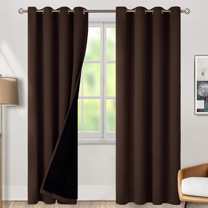 BGment 100% Blackout Curtains for Bedroom Window 84 Inch Length 2 Panels Set, Thermal Insulated Full Light Blocking Grommet Drapes for Living Room Darkening with Black Liner, 52 Inch Wide Each, Brown by BGment