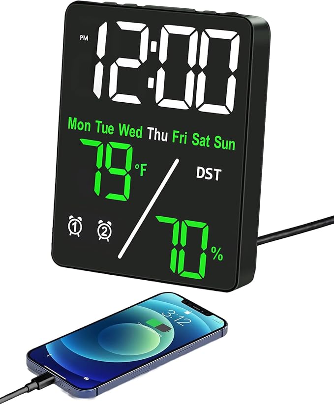 Digital LED Alarm Clock with Thermo-Hygrometer,Dual Alarms,Snooze,Date & Year Display,12/24 Hour Switch,Weekdays,DST,Auto Dimmable with 3 Brightness Levels,USB Output (5V1A) (White+Green Digits) by Unknown
