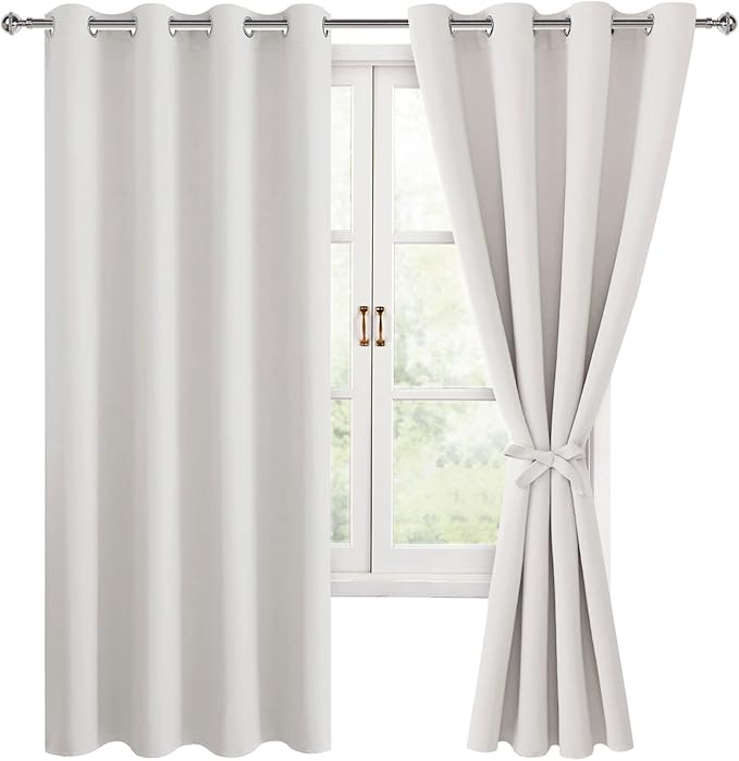 Hiasan Blackout Curtains for Bedroom, 52 x 63 Inches Length - Thermal Insulated & Light Blocking Window Curtains for Living Room/Kids Room, 2 Drape Panels Sewn with Tiebacks, Ivory by Hiasan