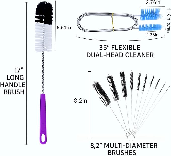 12Pcs Glass Tube Pipe Nylon Cleaners Brush Kit - for Curved Glass Tube, Hookahs & Bottles, Hard-to-Reach Crevices,17” Long Handle Brush, 8.2” Multi-Diameters Brushes,35” Flexible Dual-Head Brush - Image 2