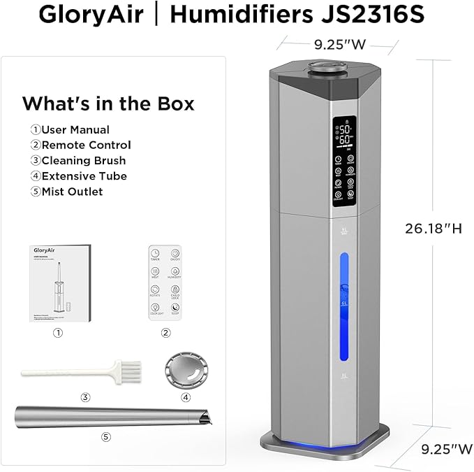 Humidifiers for Bedroom - GloryAir 2.38Gal/9L Dual Atomizers Top Fill Humidifier for Large Room 2000ft² with Auto Rotation 7-Color Light Humidistat Quiet Commercial Humidifiers for House Plants Baby - Image 8