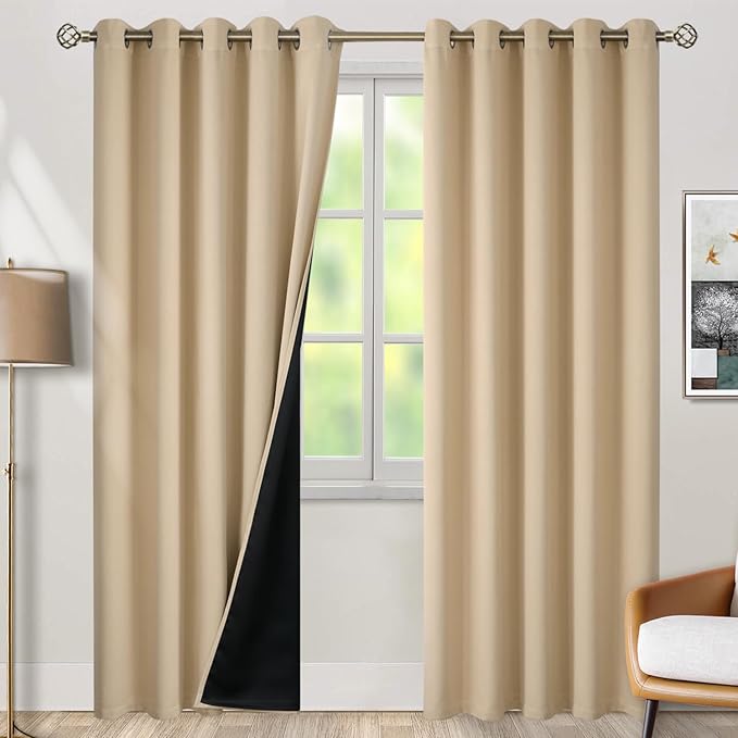 BGment Thermal Insulated 100% Blackout Curtains for Bedroom with Black Liner, Double Layer Full Room Darkening Noise Reducing Grommet Curtain (60 x 84 Inch, Beige, 2 Panels) by BGment