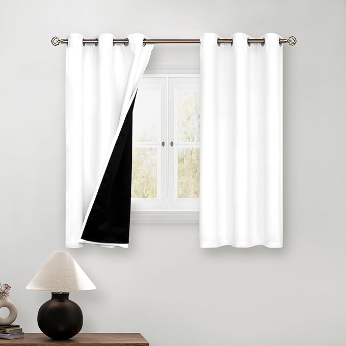 BGment Short 100% Blackout Curtains for Bedroom, Thermal Insulated Energy Efficiency Noise Reducing Grommet Curtains 45 Inch Length with Liner for Small Window 2 Panels Each 42 Inch Wide, Pure White by BGment