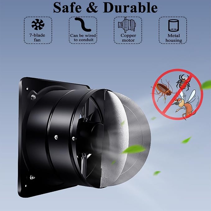 6 inch Exhaust Fan Metal Iron Ventilation Extractor, Silence with Anti-backflow Check Valve Window and Wall Mount Vent Fans for Home Office Kitchen Bathroom Greenhouse Garage - Image 5