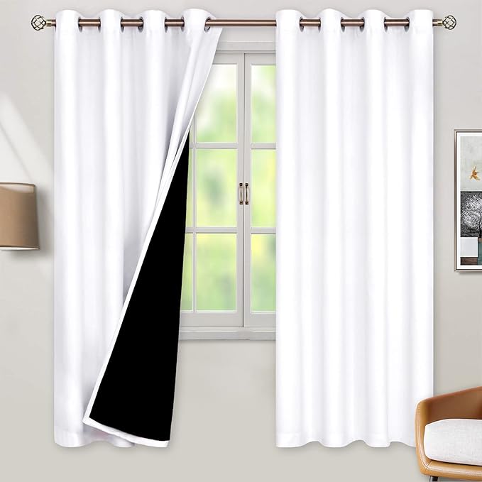 BGment Thermal Insulated 100% Blackout Curtains for Bedroom with Black Liner, Double Layer Full Room Darkening Noise Reducing Grommet Curtain (46 x 72 Inch, Pure White, 2 Panels) by BGment