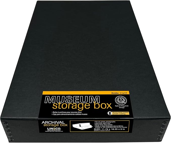 Lineco Museum Archival Storage Box, 11.75x18.25x3 in. Drop Front Design. Acid-Free with Metal Edge. Organize Photos, Pictures, Prints, Documents, Crafts, DIY. Black, 1 Pack by Lineco