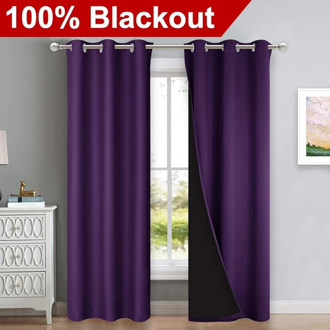 NICETOWN Royal Purple Full Shade Curtain Panels, Pair of Thermal Insulated & Energy Efficiency Blackout Drapes for Living Room, Lined Silky Performance Window Dressing (37" Wide x 84" Long, Gray) - Image 2