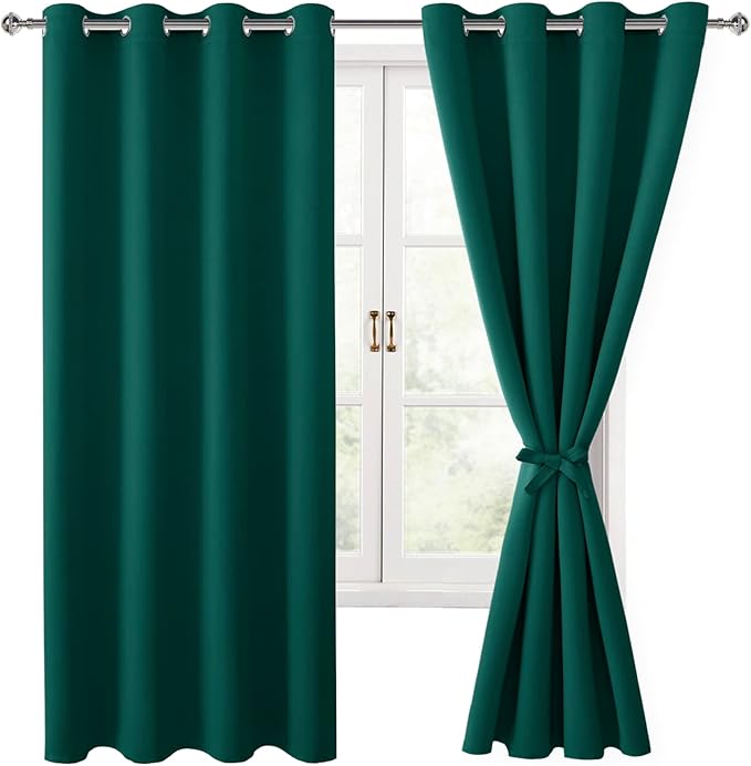 Hiasan Blackout Curtains for Bedroom, 52 x 63 Inches Length - Thermal Insulated & Energy Saving Window Curtains for Living Room, 2 Drape Panels Sewn with Tiebacks, Hunter Green by Hiasan