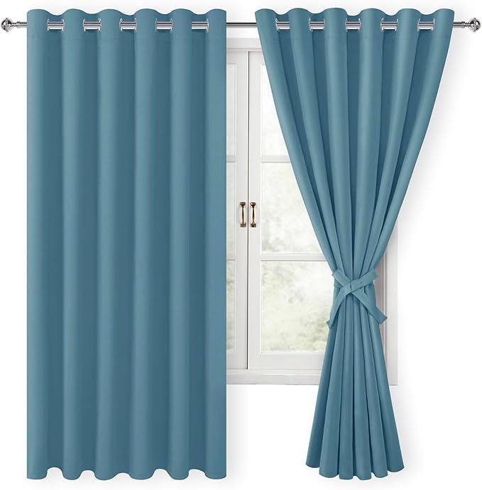 Hiasan Grommet Blackout Curtains for Bedroom, 70 x 63 Inches - Thermal Insulated & Light Blocking Window Drapes for Living Room/Dorm Room, Set of 2 Panels Sewn with Tiebacks, Stone Blue by Hiasan
