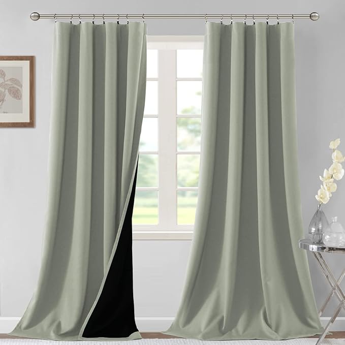 H.VERSAILTEX 100% Blackout Curtains for Bedroom Thermal Insulated Blackout Curtains 108 Inches Long Rod Pocket/Clip Rings Curtains for Living Room with Black Liner 2 Panels, Light Sage by HVERSAILTEX
