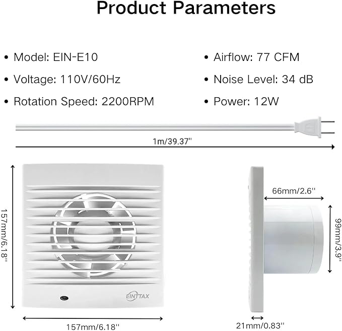 4 Inch Wall Mount Bathroom Exhaust Fan, Plug in Wall Exhaust Fan, 12W 77 CFM Bathroom Window Fan with Backdraft Damper for Kitchen, Garage, Office, 34 dB, White - Image 2
