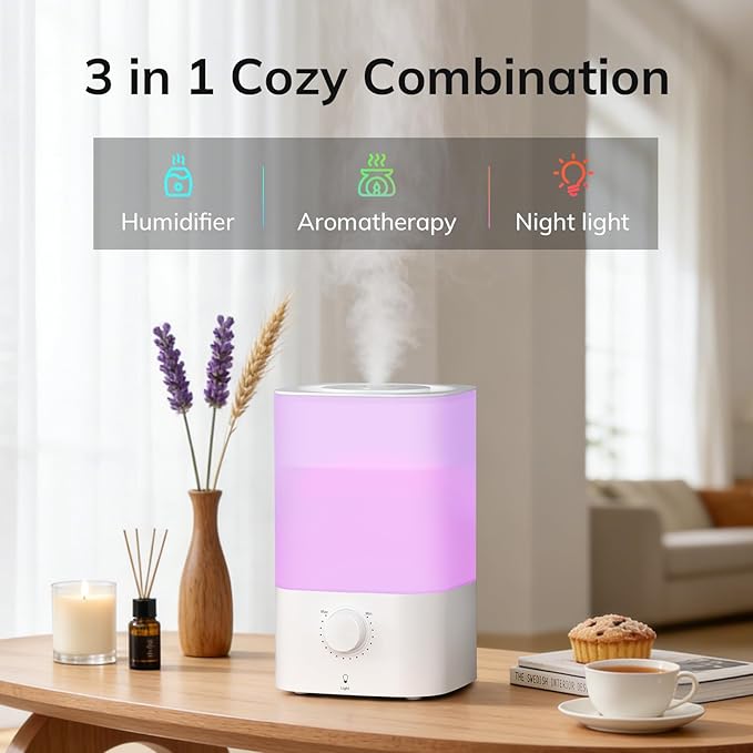 ZAFRO 3.2L Cool Mist Humidifier for Bedroom, 360° Adjustable Nozzle & 7 Color LED Night Light, Top Fill Design & Multiple Mist Levels, 24 dB Quiet Ultrasonic Comfort Humidifiers, White - Image 2
