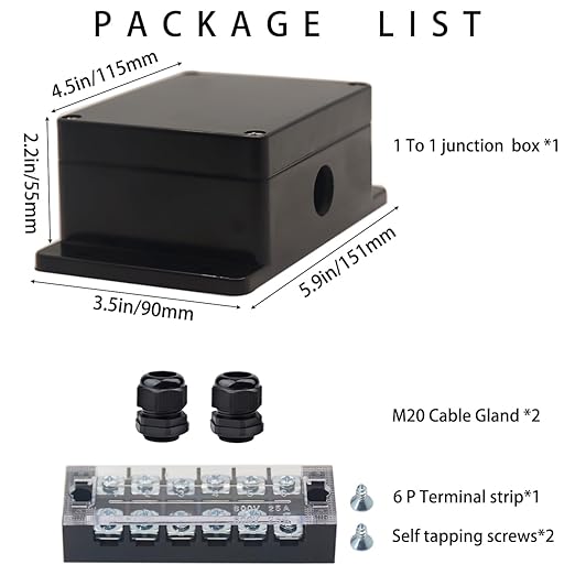 Watertight Junction Box, IP67 Waterproof Electrical Project Box with 6P 25A Barrier Terminals,1 in/1 Out Cable Glands Electronic Enclosure 4.53" x 3.54" x 2.17" - Image 7