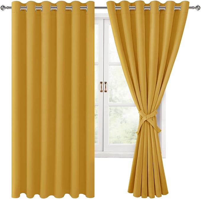 Hiasan Grommet Blackout Curtains for Bedroom, 70 x 63 Inches - Thermal Insulated & Light Blocking Window Drapes for Living Room/Dorm Room, Set of 2 Panels Sewn with Tiebacks, Mustard Yellow by Hiasan