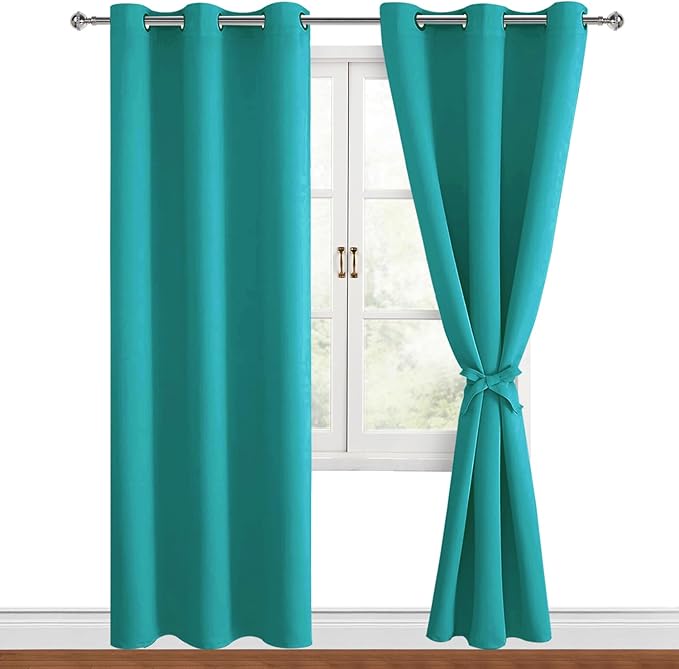 Hiasan Blackout Curtains for Bedroom, 42 x 84 Inches Long - Thermal Insulated & Energy Saving Window Curtains for Living Room, 2 Drape Panels Sewn with Tiebacks, Peacock Teal by Hiasan