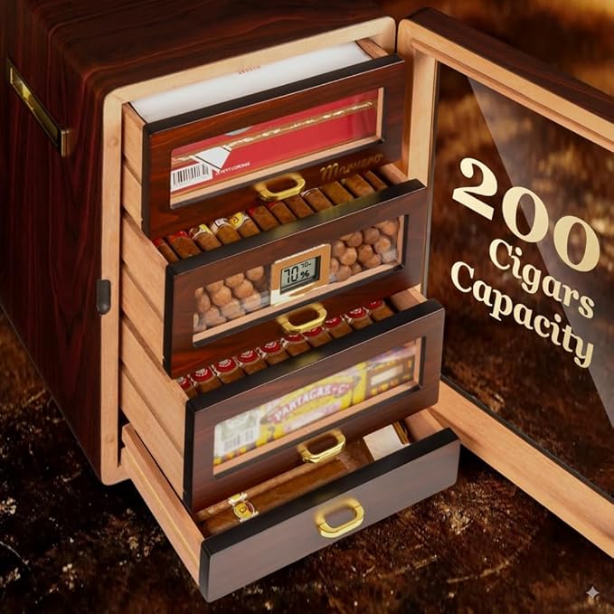 Desktop Cigar Humidor Cabinet Triple-Sided Light with Digital Hygrometer, Humidifier and Humidity Packs. 4 Ceder Wood Drawers, Cigar Humidor Box can Hold 200 Cigars. Present for Men - Image 6