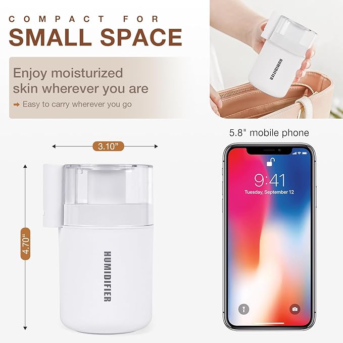 Portable Mini Humidifier, 180ml USB Cool Mist Small Humidifiers for Bedroom, Personal Desktop Humidification for Car Office Travel & Indoor Plants(White) - Image 4