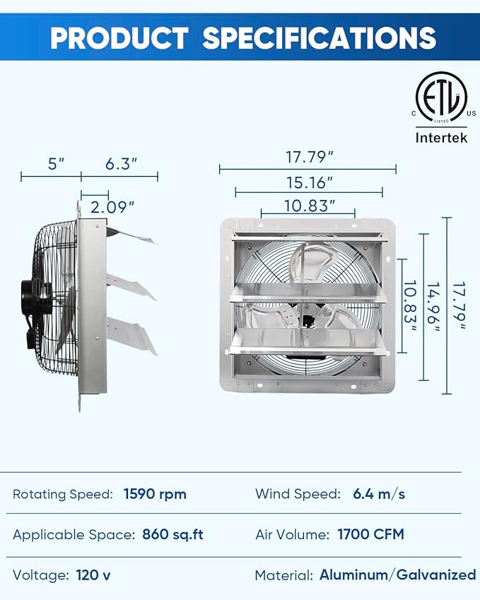 KEN BROWN 14 Inch Shutter Exhaust Fan, High Speed 1520CFM, Wall Mounted with 1.65m Power Cord, for Garages, Attics, Greenhouses, Sheds, and Shops - Image 3