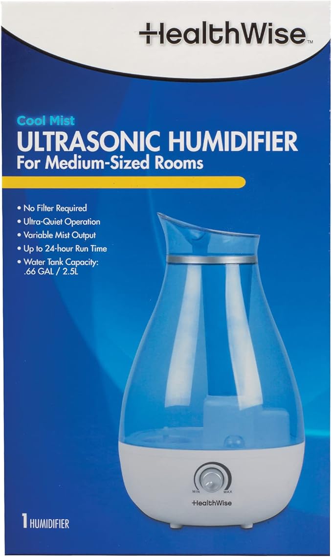 HealthWise Cool Mist Ultrasonic Humidifier | For Medium Size Rooms | No Filter Required | 24 Hour Run Time, Blue, 2.6L - Image 2