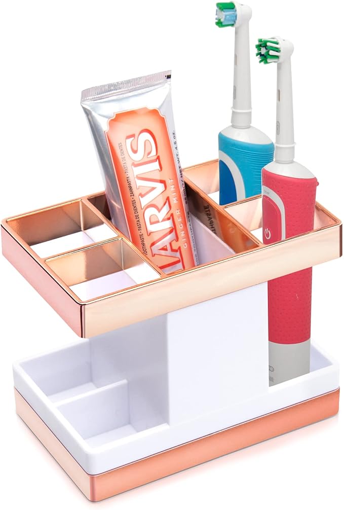 Chintu Kids Toothbrush Holder Set Rust Free Family Toothpaste Holder for Bathroom Countertop, Plastic Toothbrush Organizer Stand, Electric Toothbrush Holder Bathroom Shower Accessories Withe/Rose Gold by Chintu