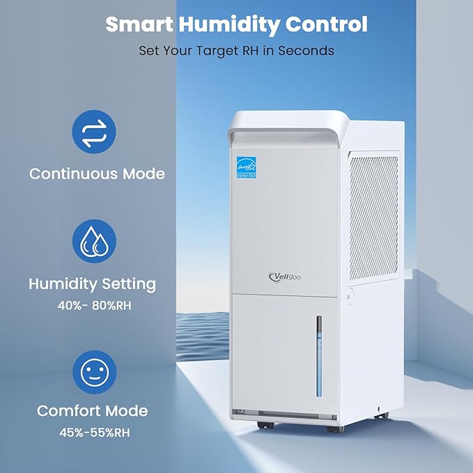 2000 Sq.Ft Most Efficient Energy Star 2025 Dehumidifier,Vellgoo 25 Pint/D Dehumidifier for basement with Drain Hose, Intelligent Humidity Control for Home,Bedroom, Bathroom - Image 3