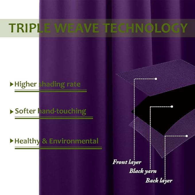 NICETOWN Blackout Room Darkening Window Curtain Triple Weave Home Decoration Solid Ring Top Blackout Room Darkening Drape for Bedroom (Single Panel, 42 x 72 inch, Royal Purple) - Image 3