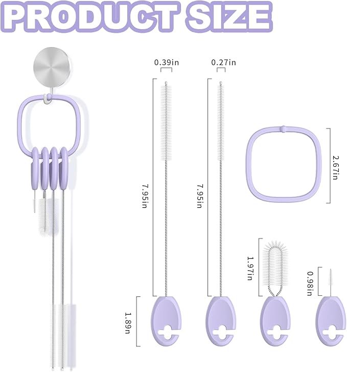 YOTIME Standing Straw Cleaner Brush Set, 4in1 Reusable Straw Brushes with Holder Ring, for Wide and Narrow Straws, Tumblers, Water Bottles and Cups, Purple - Image 2
