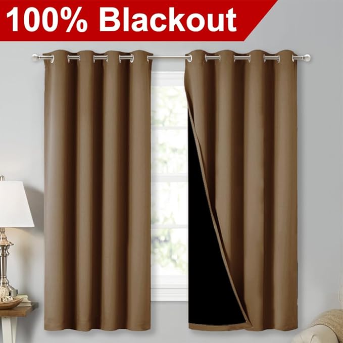 NICETOWN 100% Blackout Lined Curtains, Totally Darkness Drapes with Silver Grommet, Thermal Insulated Drapes for Master Bedroom (Gold Brown, 1 Pair, 52 inches Width x 63 inches Length Each Panel) - Image 2